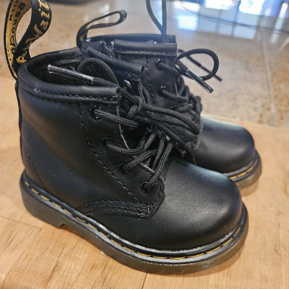 Dr. Martens Black Kids Boots with Yellow Stitching